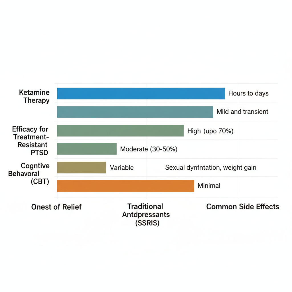 Horizontal bar chart comparing Ketamine Therapy, SSRIs, and CBT for PTSD across onset of relief, efficacy, and side effects.
