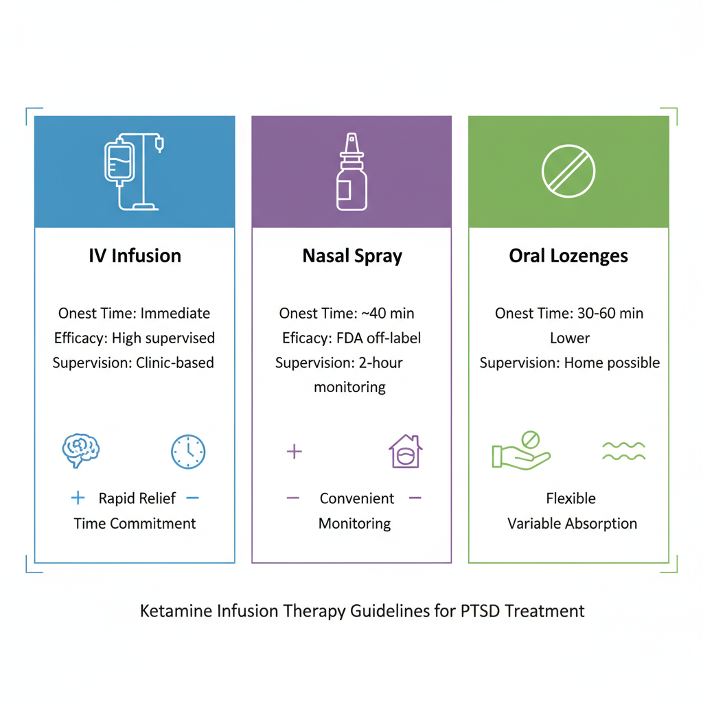 Infographic comparing IV infusion, nasal spray, and oral lozenge ketamine methods for PTSD treatment with icons, metrics, and pros/cons.