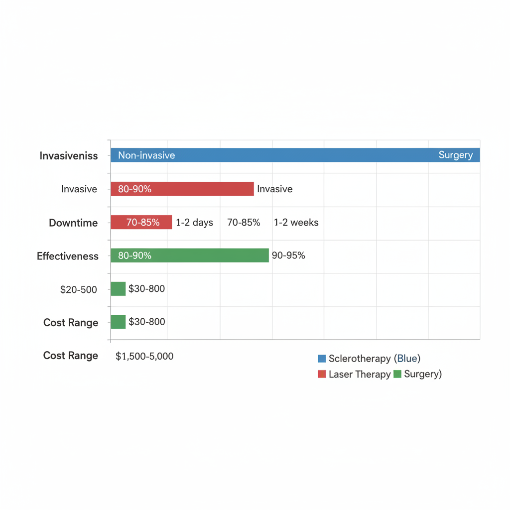 Horizontal bar chart comparing sclerotherapy, laser therapy, and surgery for varicose vein treatment across invasiveness, downtime, effectiveness, and cost categories.