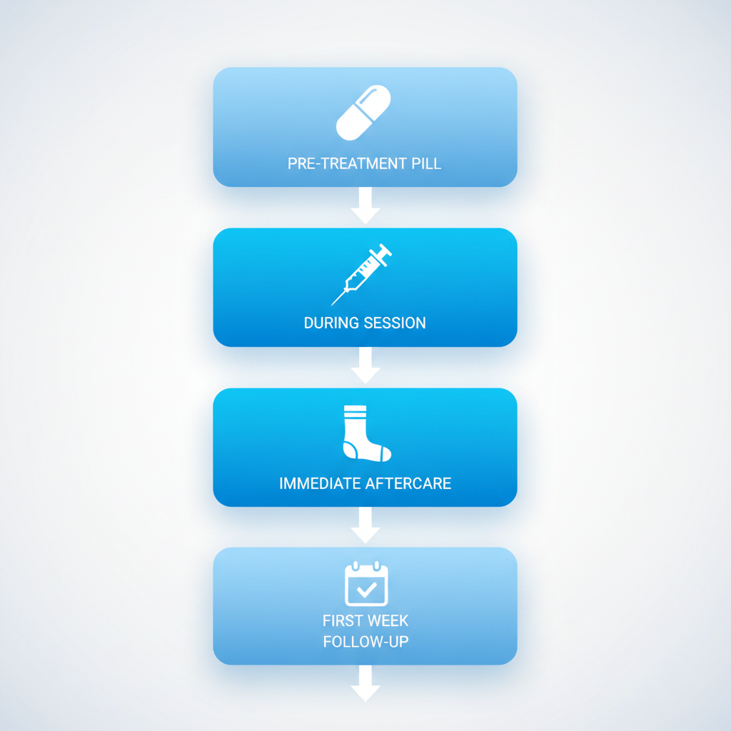 Vertical process flow illustrating sclerotherapy treatment stages from preparation to follow-up with icons