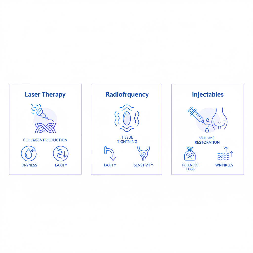 Infographic illustrating three non-surgical vaginal rejuvenation techniques: laser therapy, radiofrequency, and injectables, highlighting benefits for dryness and laxity.