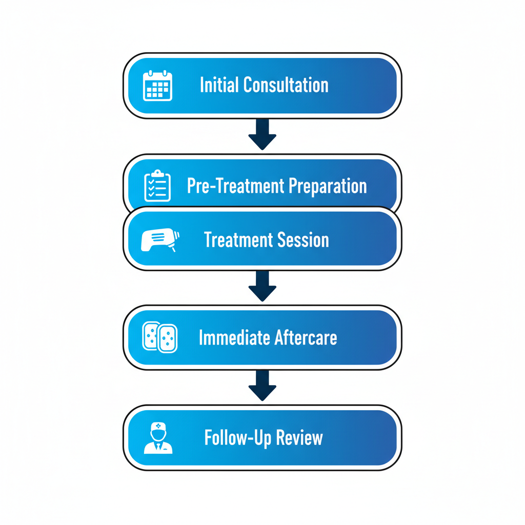 Vertical process flow diagram illustrating the five key stages of non-surgical vaginal rejuvenation treatment at a medical clinic.