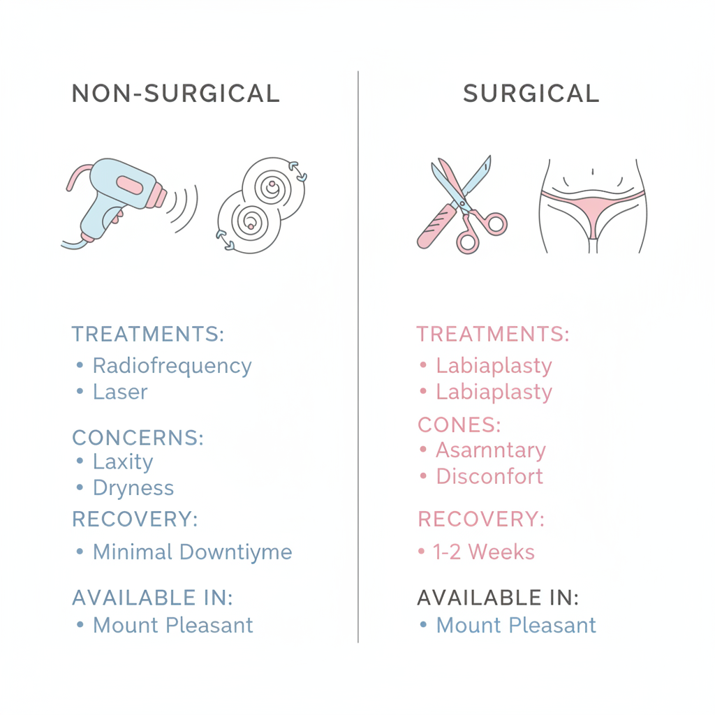Infographic overview of vaginal rejuvenation options including non-surgical tightening and labiaplasty procedures in Mount Pleasant.