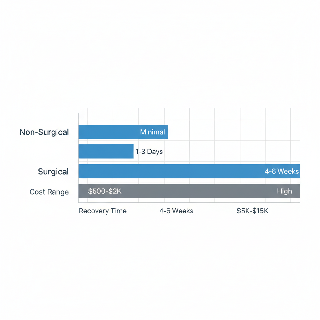 Bar chart comparing non-surgical and surgical vaginal rejuvenation by invasiveness, recovery time, and cost