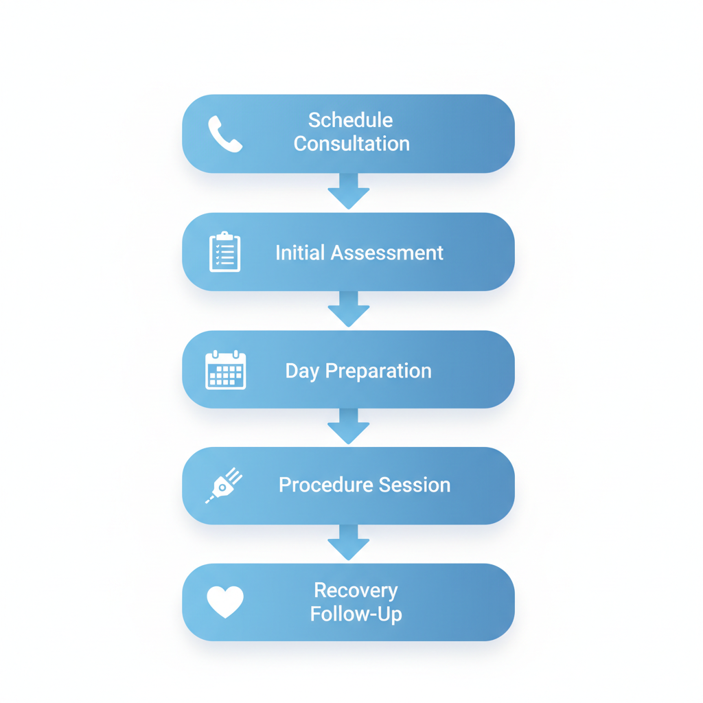 Vertical process flow diagram showing the five steps for vaginal rejuvenation treatment at Charleston Ketamine Center