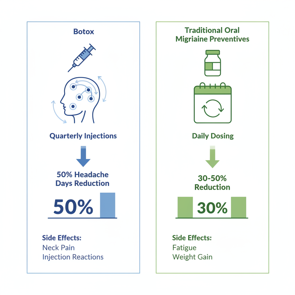 Infographic comparing Botox injections and oral medications for migraine prevention, showing administration, efficacy, and side effects.
