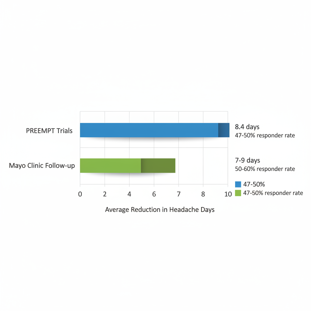 Horizontal bar chart comparing Botox effectiveness in reducing migraine headache days across PREEMPT Trials and Mayo Clinic studies with responder rates.