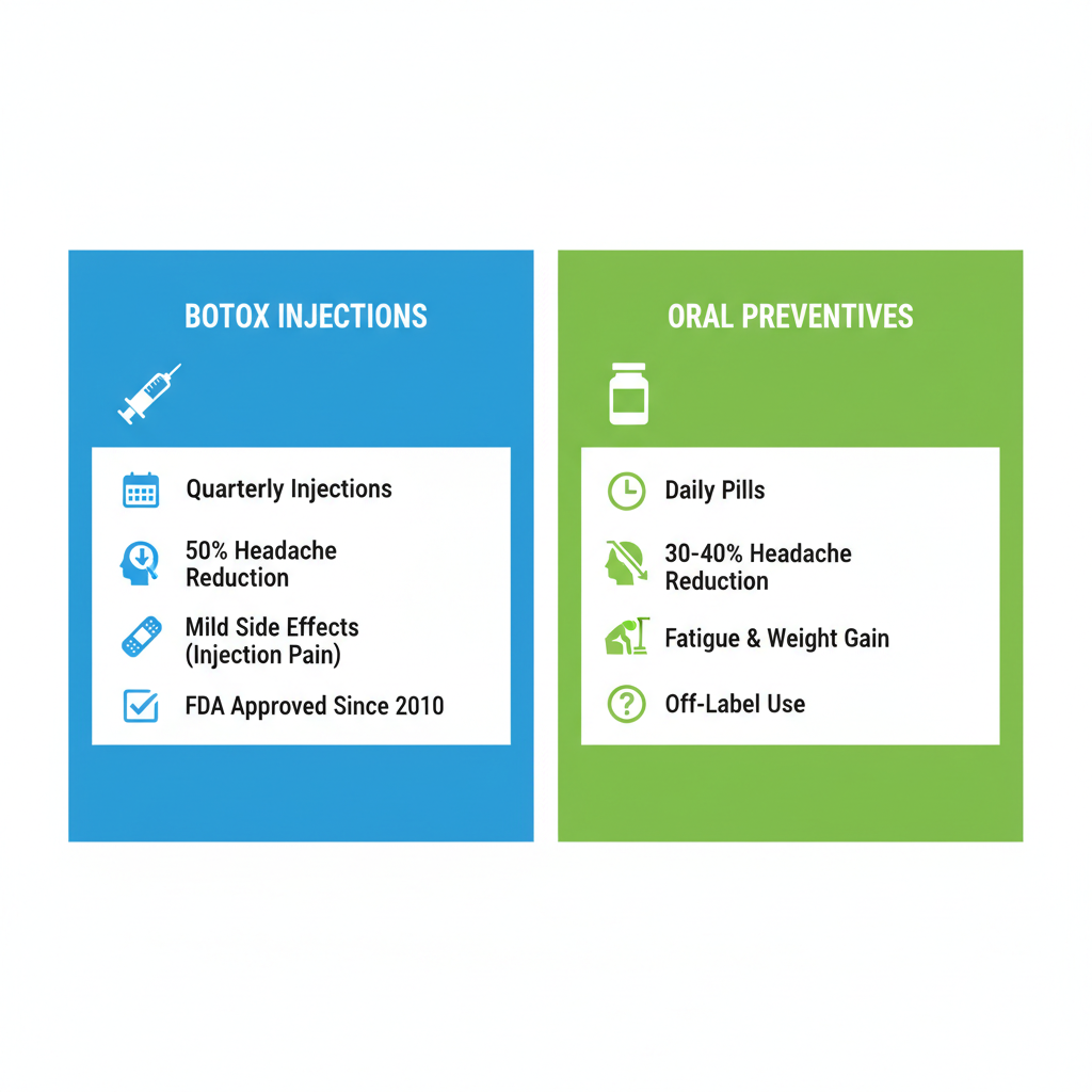 Infographic comparing Botox injections and oral medications for migraine relief, showing efficacy rates, administration frequency, and side effects.