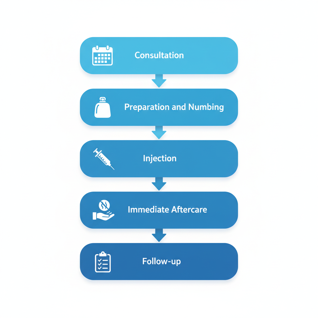 Vertical process flow diagram of Botox lip enhancement procedure with five stages including icons for consultation, preparation, injection, aftercare, and follow-up