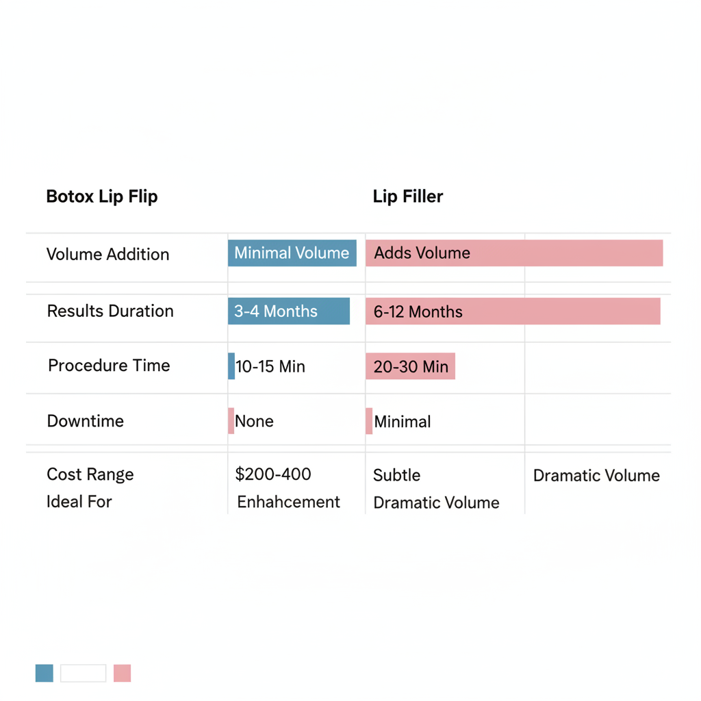 Horizontal bar chart comparing Botox Lip Flip and Lip Filler on aspects like volume, duration, procedure time, downtime, cost, and ideal candidates.