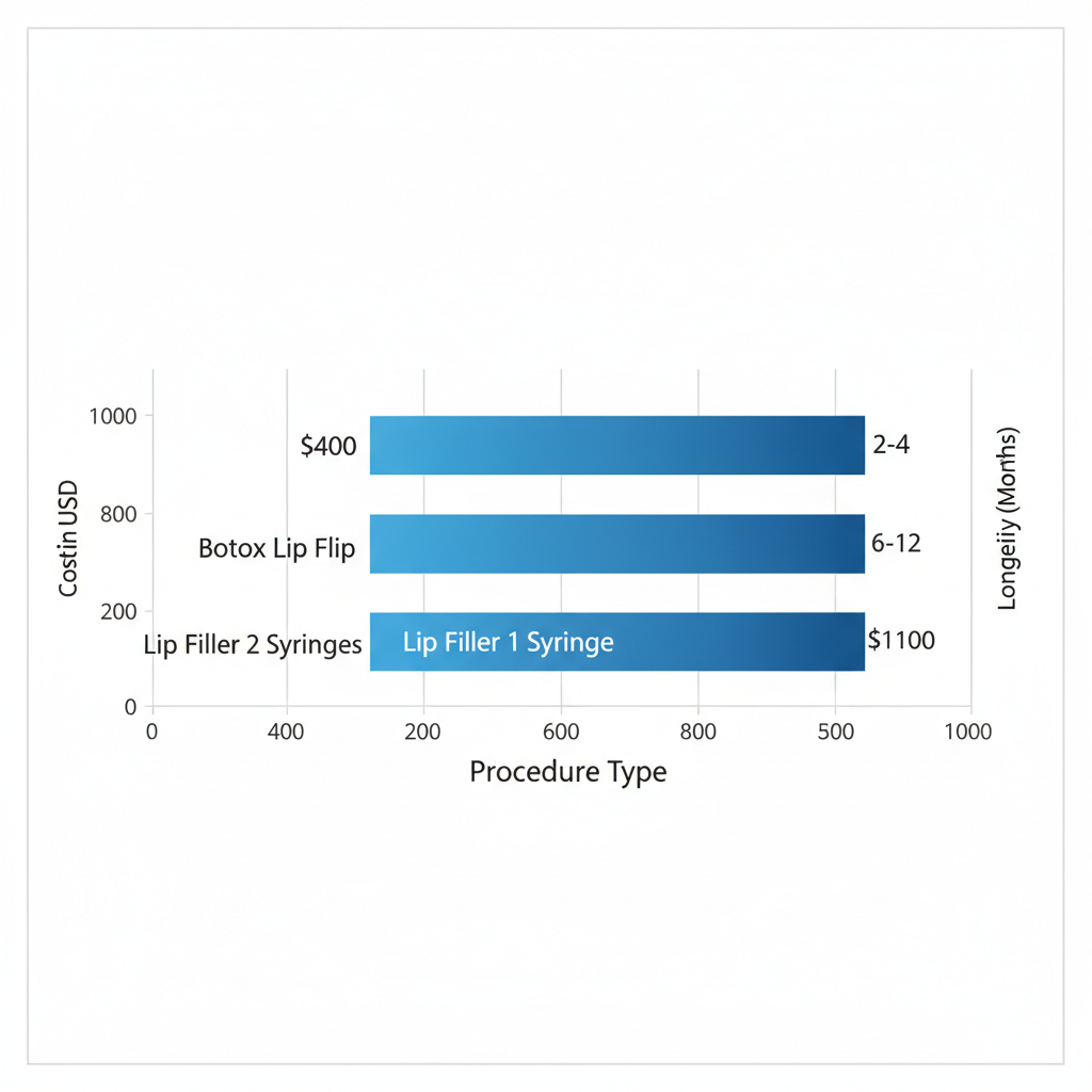 Horizontal bar chart comparing costs and longevity of lip enhancement procedures in Charleston, SC: Botox Lip Flip $400, 1 Syringe $600, 2 Syringes $1100.
