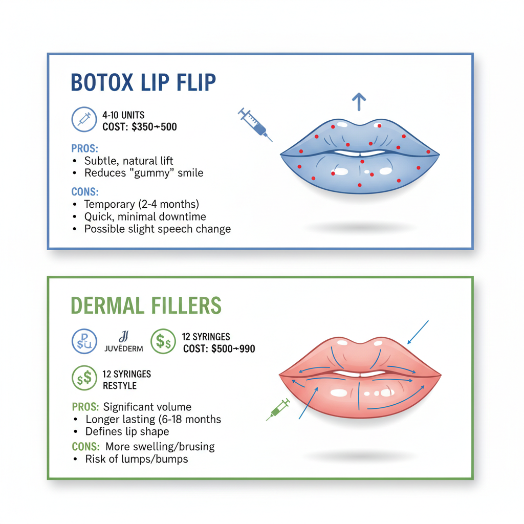 Infographic comparing Botox Lip Flip and dermal fillers techniques, injection sites, units, effects, and costs for lip enhancement.