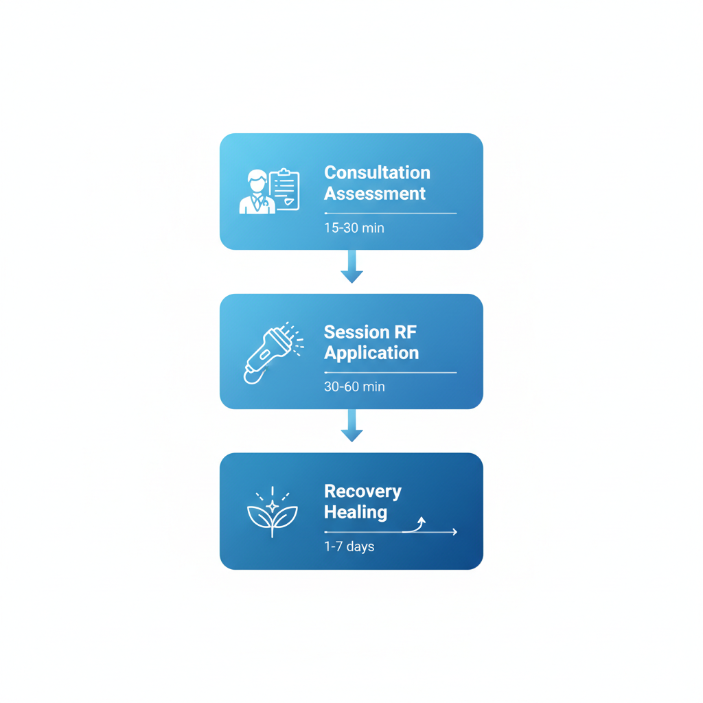 Vertical process flow diagram of Morpheus8 treatment phases: consultation, session, and recovery.