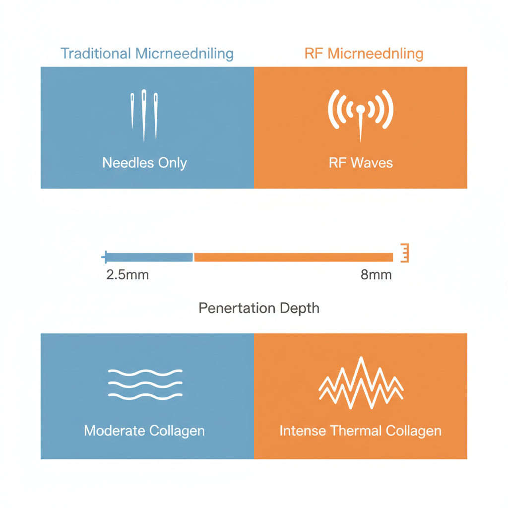 Infographic comparing traditional and RF microneedling differences in energy source, penetration depth, and collagen stimulation