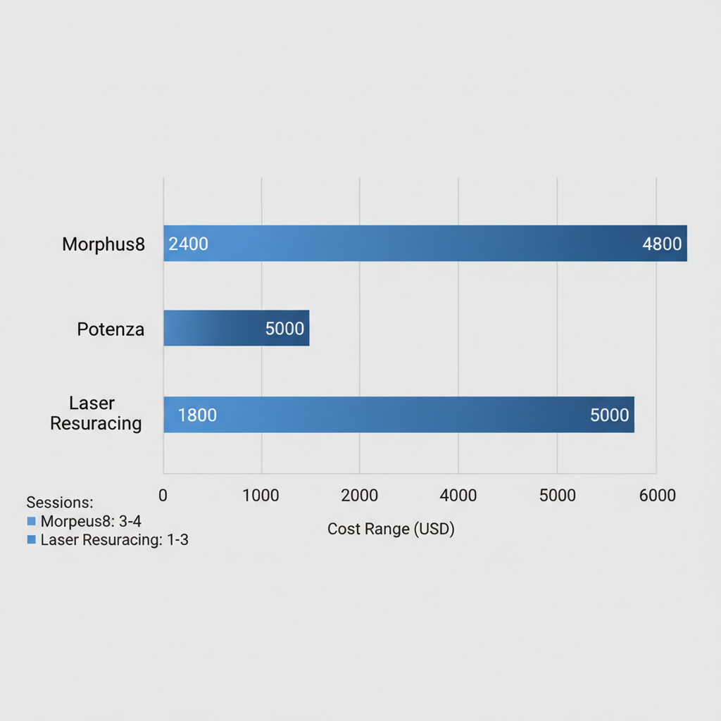 Bar chart visualizing cost comparisons of Morpheus8 versus Potenza and laser resurfacing treatments with session details.