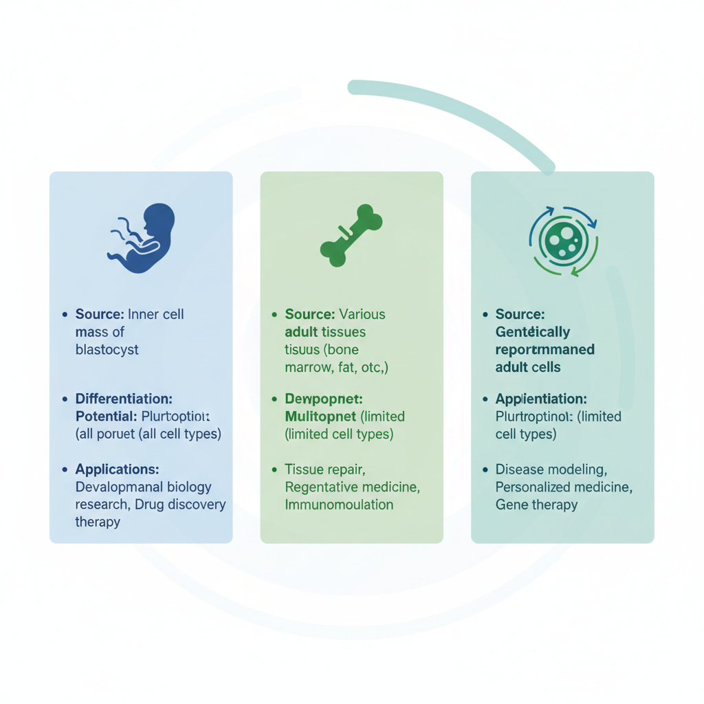 Infographic comparing embryonic, adult, and induced pluripotent stem cells with icons and key attributes