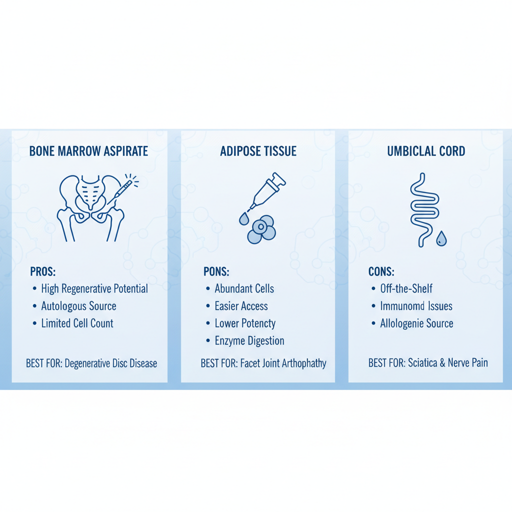 Infographic comparing three stem cell sources for back pain therapy including bone marrow, adipose tissue, and umbilical cord with pros, cons, and applications