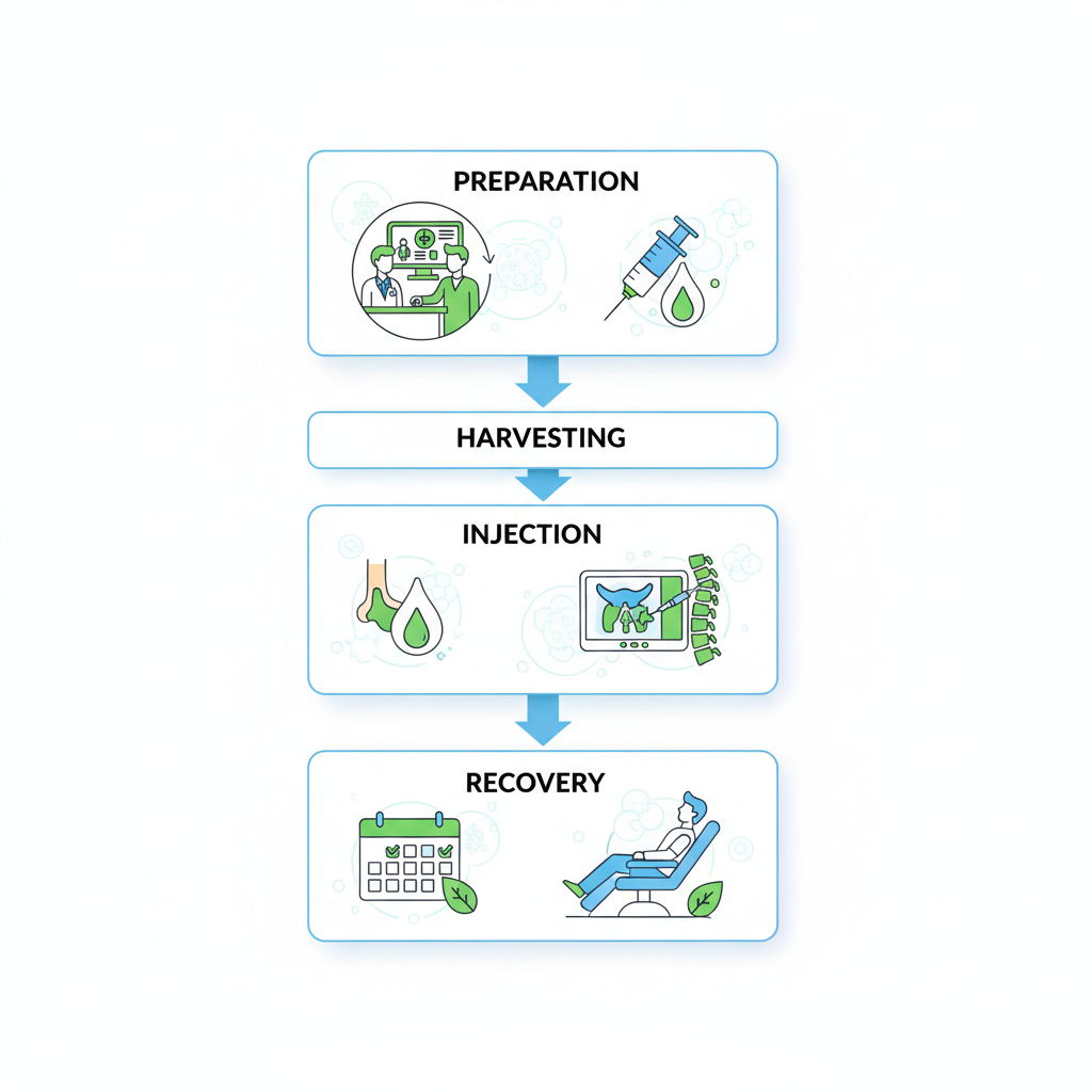 Visual diagram showing four steps of stem cell therapy for back pain: preparation, harvesting, injection, and recovery with medical icons and connections.