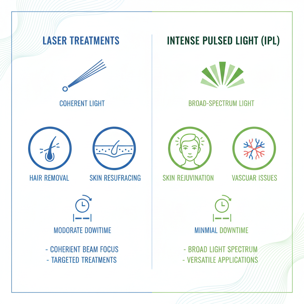 Infographic visually comparing laser and IPL aesthetic treatments with icons and key differences in side-by-side columns.