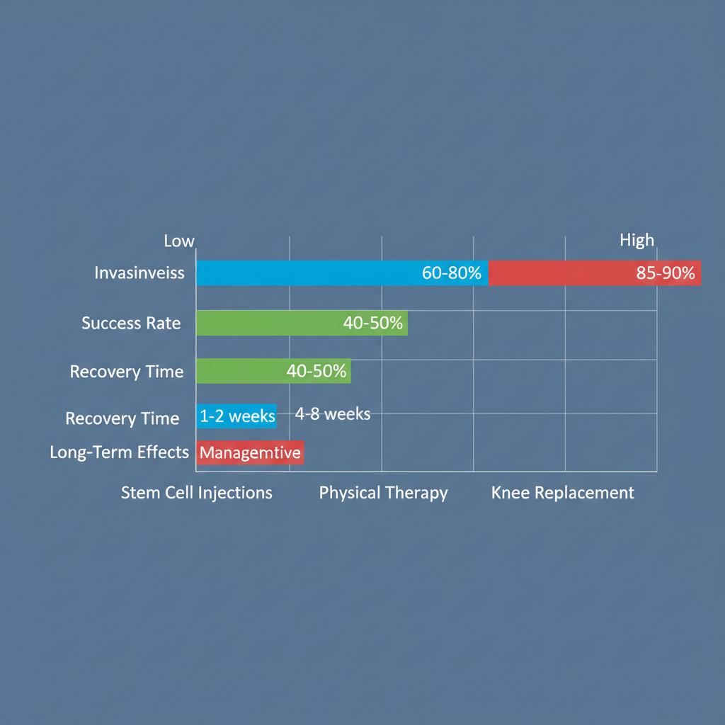 Horizontal bar chart comparing stem cell therapy to physical therapy and knee replacement for knee osteoarthritis, showing invasiveness, success rates, recovery times, and long-term effects.