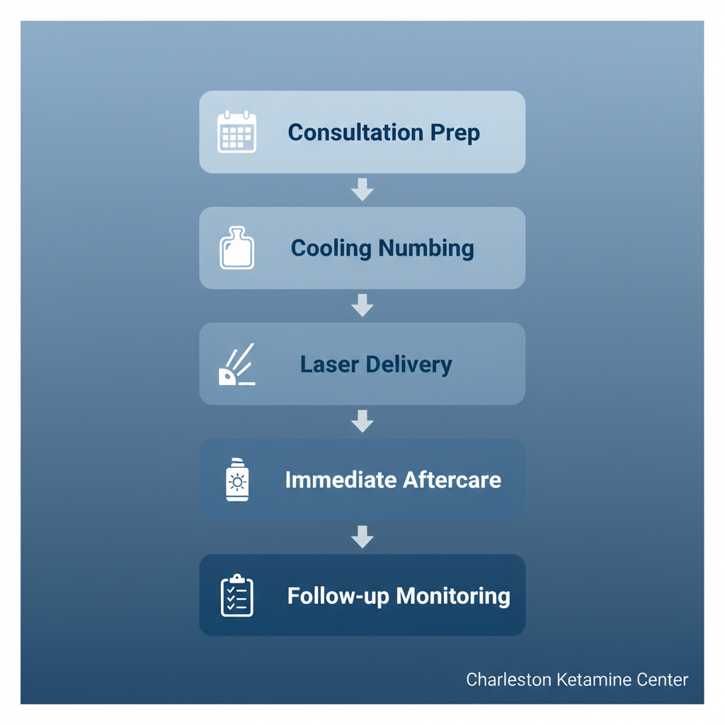 Vertical process flow diagram illustrating the five stages of a laser treatment session: consultation and preparation, application of cooling or numbing, laser or IPL delivery, immediate aftercare, and follow-up monitoring, with relevant icons and blue gradient design.
