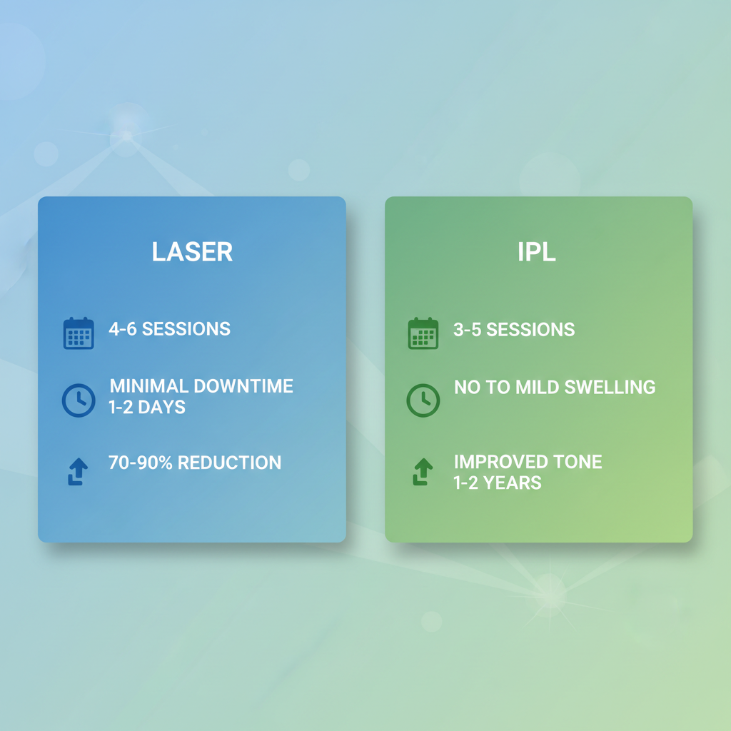 Infographic comparing laser hair removal and IPL therapy: sessions, downtime, and results with icons.