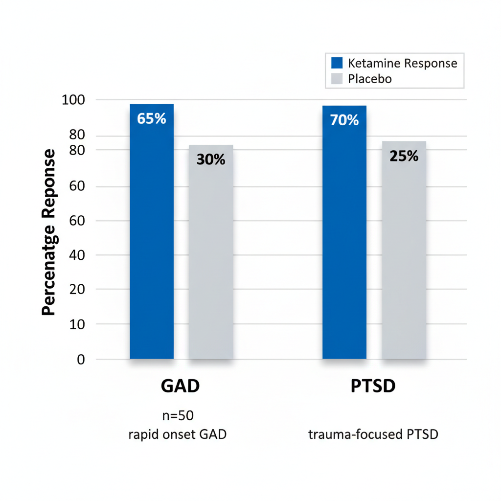 Clustered column chart of ketamine efficacy rates for generalized anxiety disorder and PTSD versus placebo.