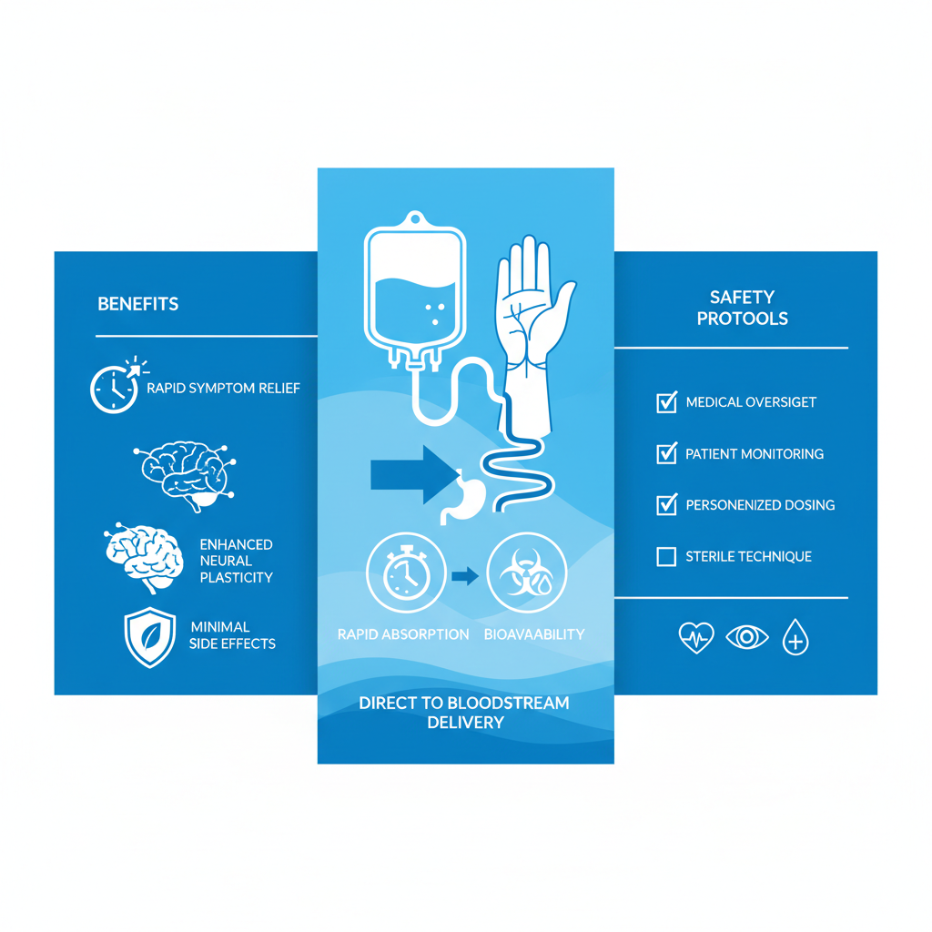 Infographic depicting core principles of IV infusion therapy including delivery mechanism, benefits, and safety protocols for treating depression and mood disorders