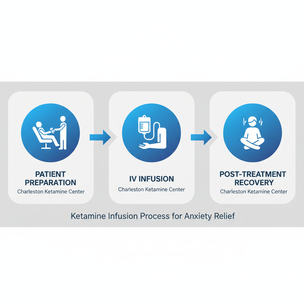Horizontal process flow diagram of ketamine infusion stages for anxiety relief: preparation, infusion, and post-treatment.