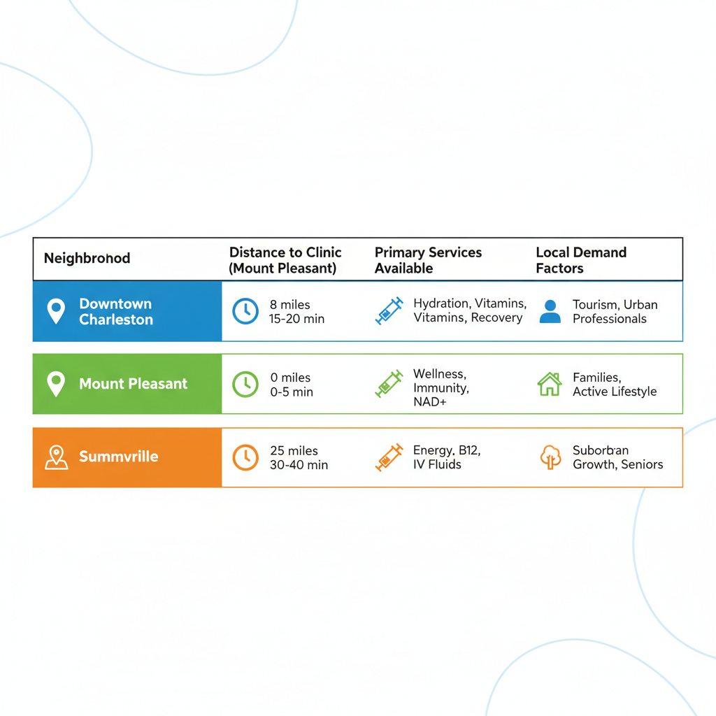 Infographic table comparing IV therapy access, distances, travel times, services, and demand factors in Downtown Charleston, Mount Pleasant, and Summerville neighborhoods.