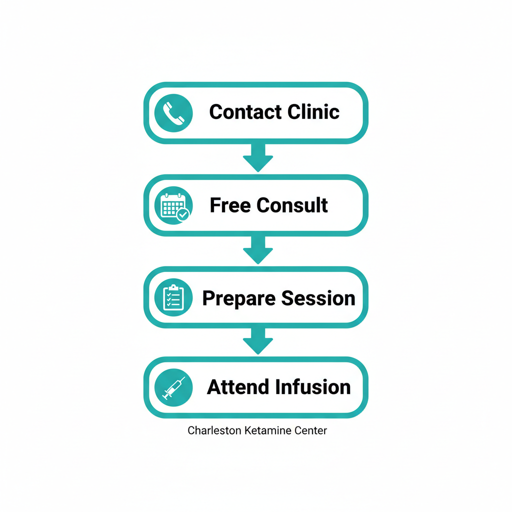 Vertical process flow diagram illustrating the four steps to begin IV therapy: contacting the clinic, free consultation and screening, preparing for the session, and attending the infusion with follow-up.