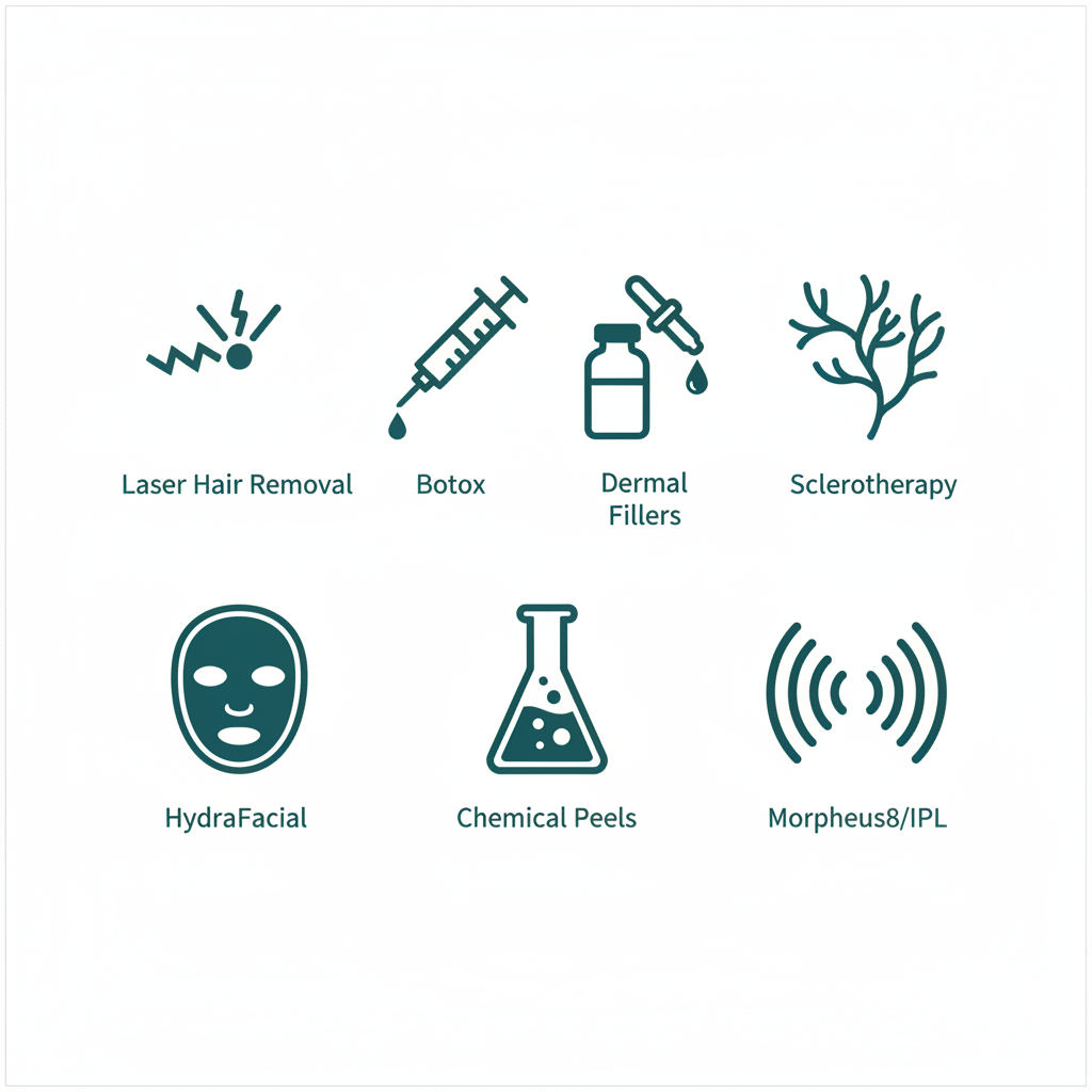 Grid of icons illustrating aesthetic treatments including laser hair removal, Botox, dermal fillers, sclerotherapy, HydraFacial, chemical peels, and Morpheus8/IPL