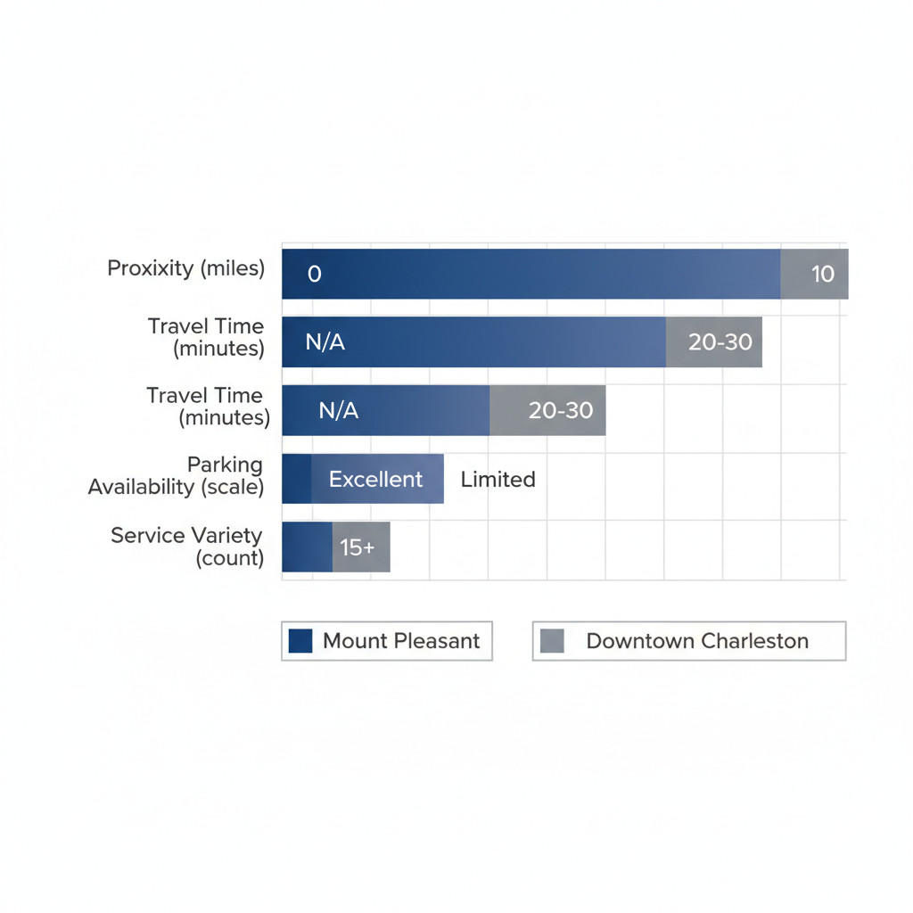 Horizontal bar chart comparing aesthetic service accessibility by proximity, travel time, parking, and variety in Mount Pleasant versus Downtown Charleston.