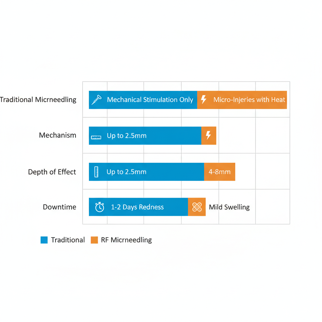 Horizontal bar chart comparing traditional microneedling and RF microneedling across mechanism, depth of effect, and downtime aspects.