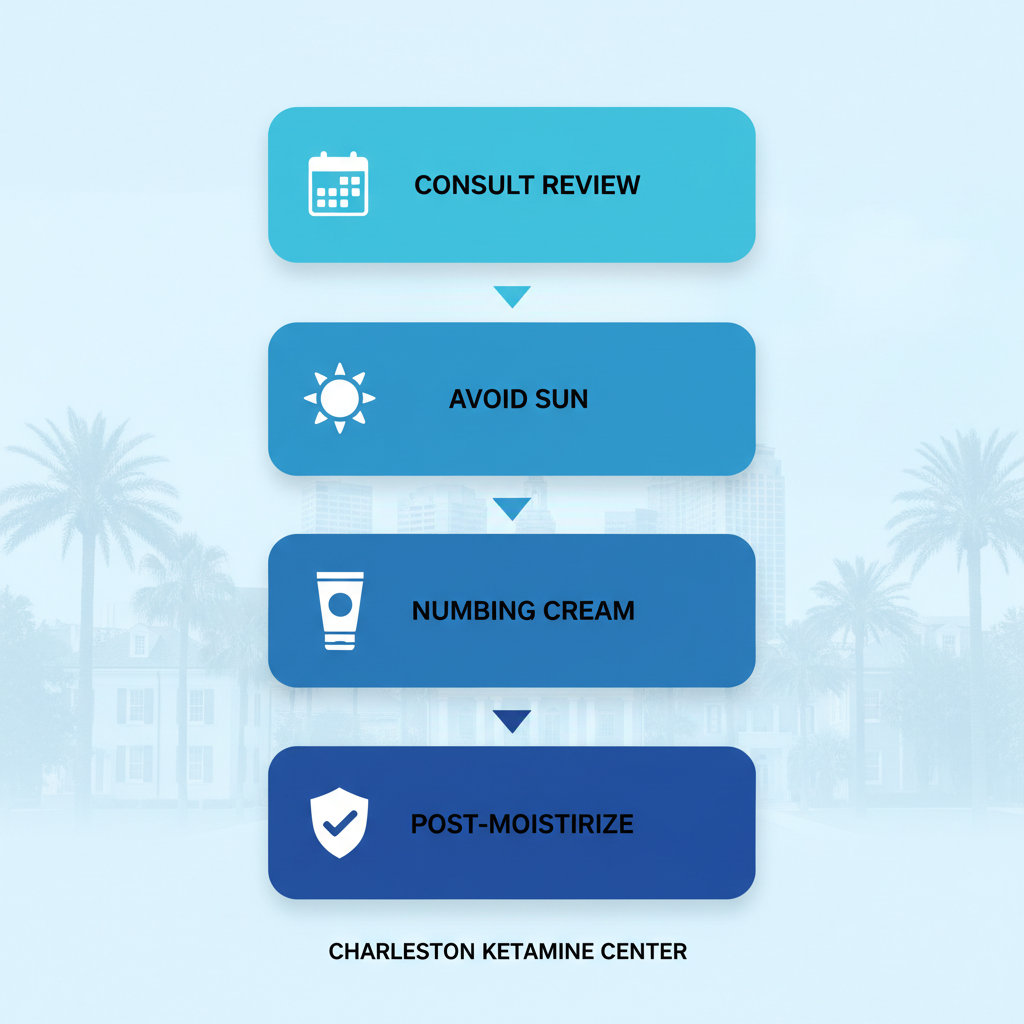 Vertical process flow diagram illustrating RF microneedling preparation and recovery steps with icons.