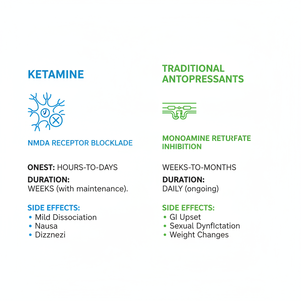 Infographic comparing ketamine and traditional antidepressants on mechanism, onset, duration, and side effects
