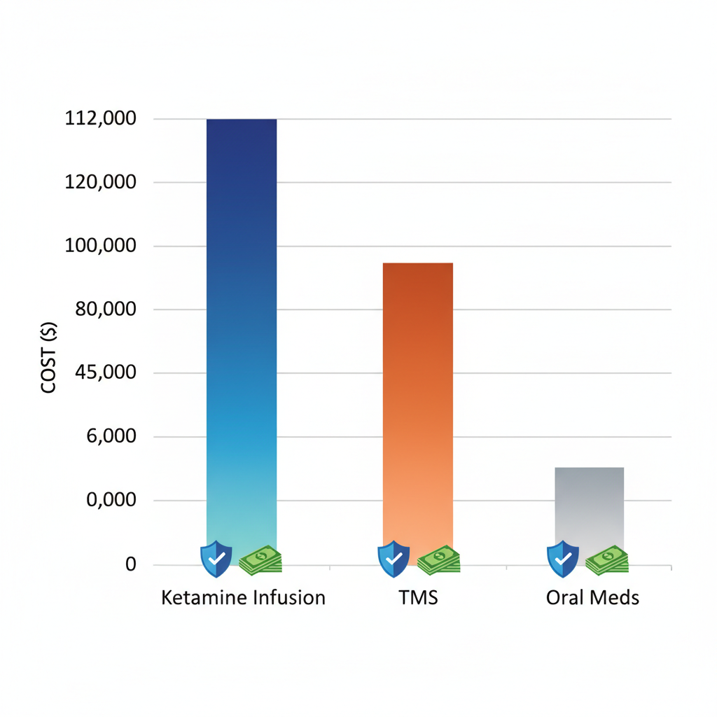 Bar chart comparing costs of ketamine infusion therapy, TMS, and oral medications for mental health treatment.