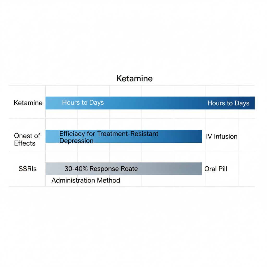 Horizontal bar chart comparing ketamine therapy to traditional antidepressants on onset, efficacy, and administration.