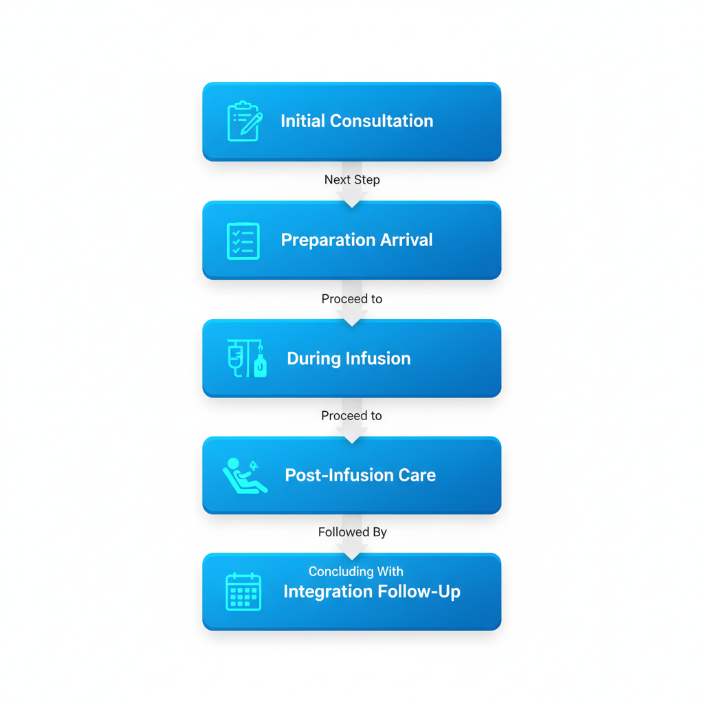 Vertical process flow diagram illustrating five stages of ketamine therapy for bipolar disorder treatment: initial consultation with clipboard icon, preparation and arrival with checklist, during infusion with IV drip and monitoring, immediate post-infusion care with relaxation icon, and integration and follow-up with calendar icon. Professional medical style with blue gradient boxes and teal icons on white background.