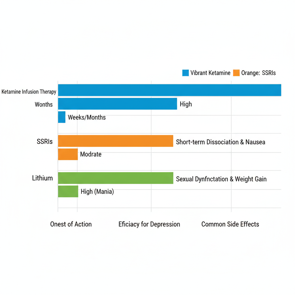 Horizontal bar chart comparing ketamine therapy to SSRIs and lithium for bipolar disorder aspects including onset, efficacy, and side effects