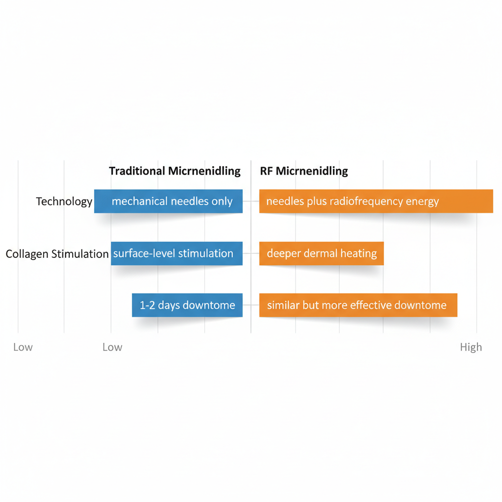 Horizontal bar chart comparing traditional and RF microneedling technologies, collagen stimulation, and downtime.