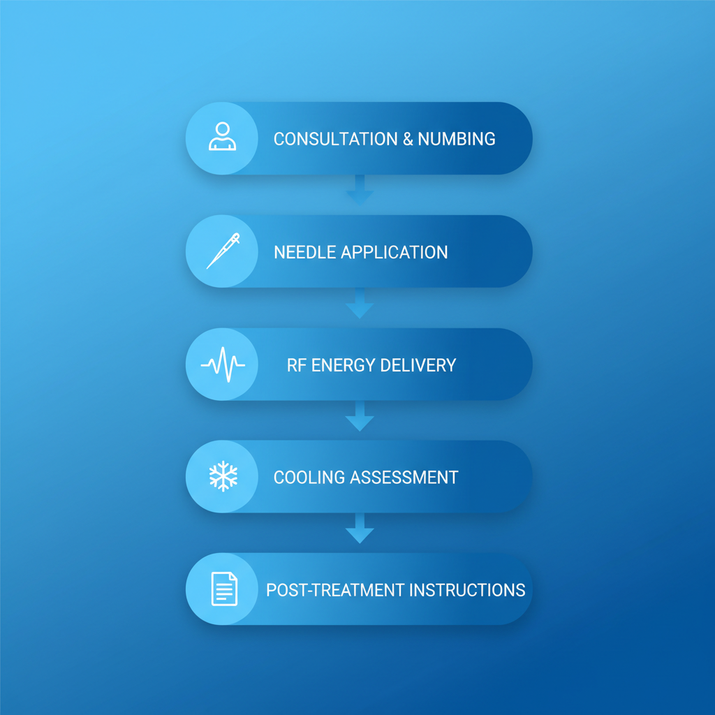 Vertical process flow diagram illustrating the five steps of RF microneedling procedure: consultation and numbing, needle application, RF energy delivery, cooling assessment, and post-treatment instructions with icons.