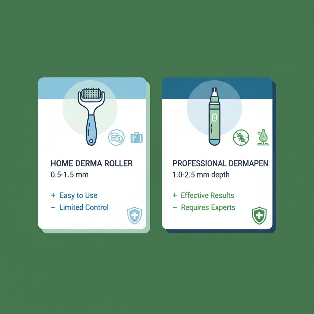 Infographic comparing home derma roller and professional dermapen for microneedling in hair loss treatment