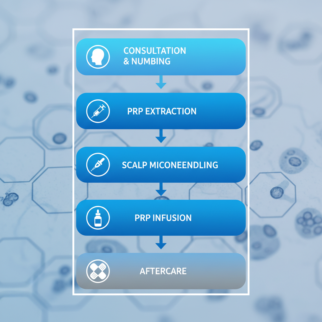 Vertical process flow diagram of five stages in PRP microneedling for hair restoration, featuring icons and brief labels.
