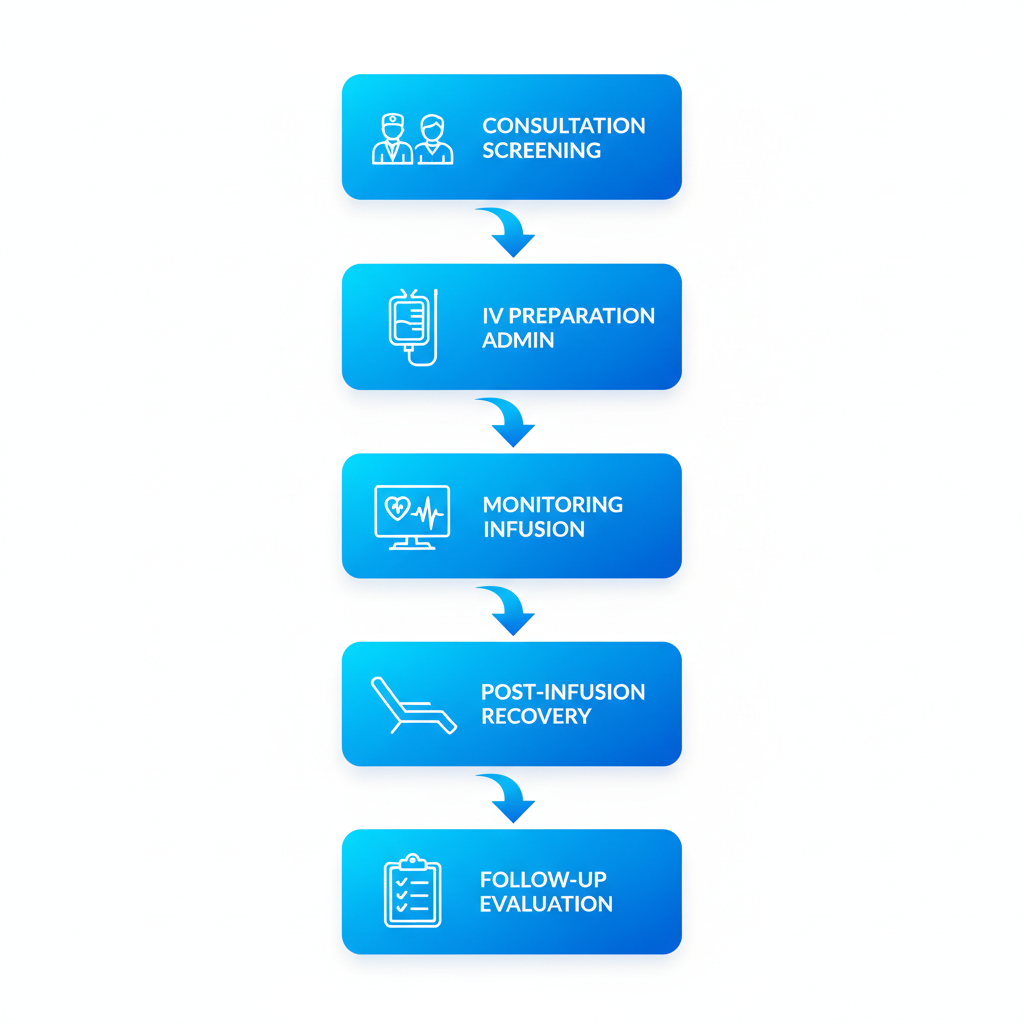 Vertical process flow diagram illustrating the five stages of ketamine infusion therapy for bipolar disorder treatment.