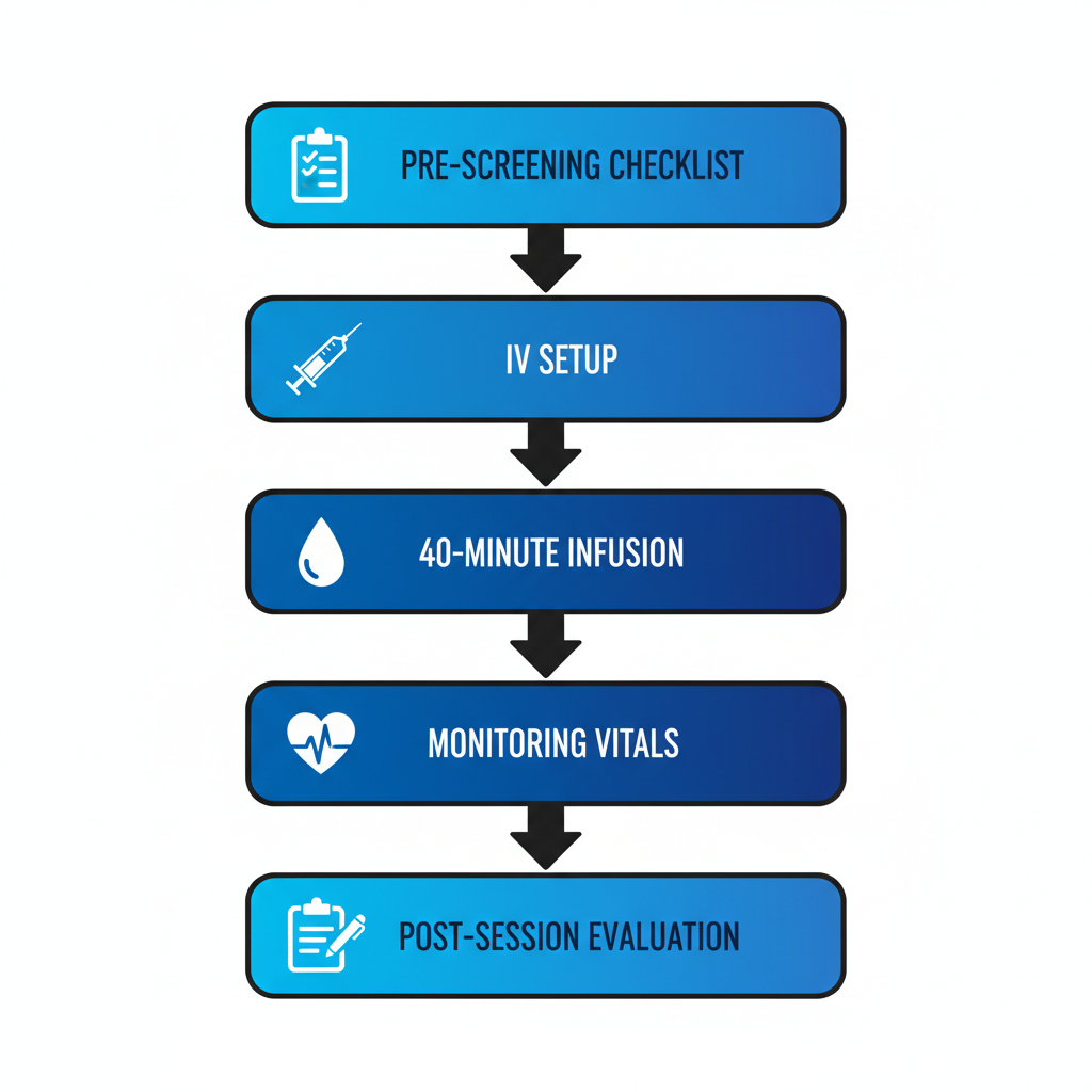Vertical process flow diagram illustrating the five stages of ketamine infusion protocol for anxiety treatment