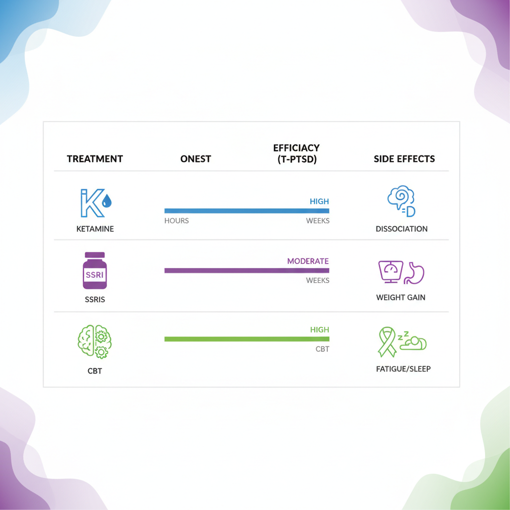 Infographic comparing ketamine therapy to traditional PTSD treatments including onset of relief, efficacy, and side effects with icons and progress bars.