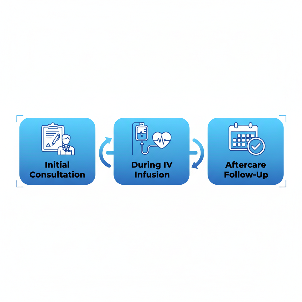 Horizontal process flow diagram illustrating the three main stages of ketamine infusion therapy for depression: initial consultation, IV infusion, and aftercare follow-up with relevant icons.