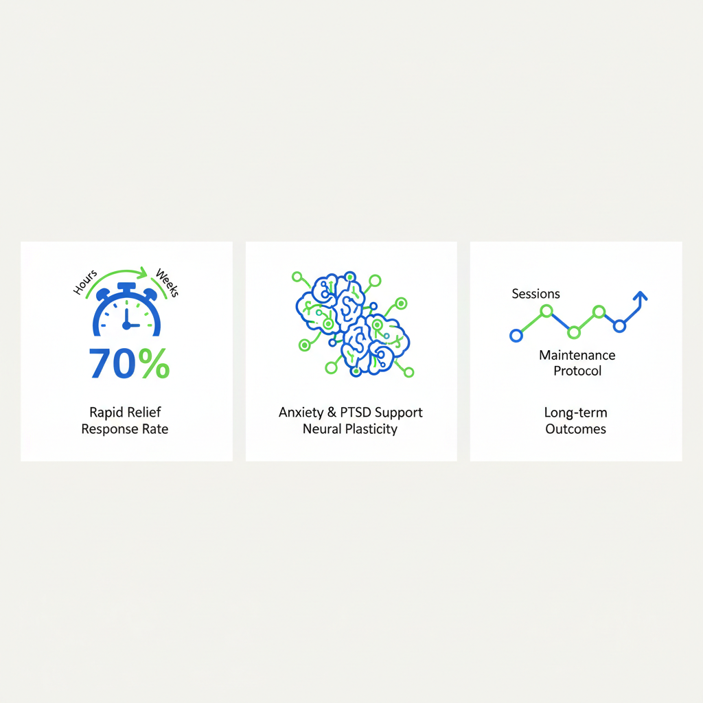Infographic depicting key benefits of ketamine therapy including rapid relief, anxiety support, and long-term outcomes for depression treatment