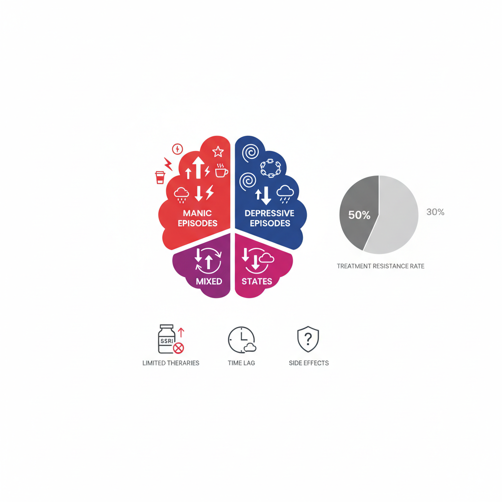 Infographic showing brain sections for manic, depressive, and mixed states in bipolar disorder, with pie chart on treatment resistance and icons for therapy limitations.